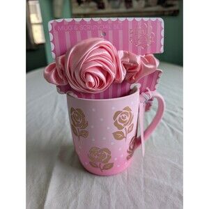 Petal & Pearl Pink W Gold Rose Coffee Mug Scrunchie Valentine's Gift Set